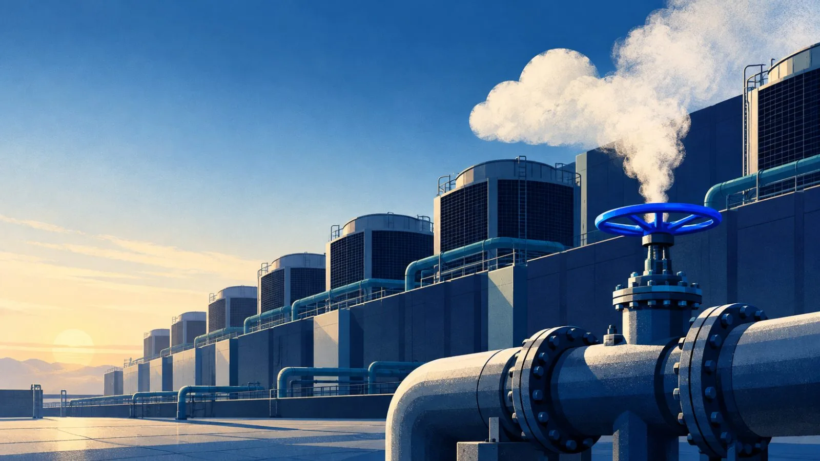 A cooling valve releases steam beside a cloud data center / TokenPost.ai