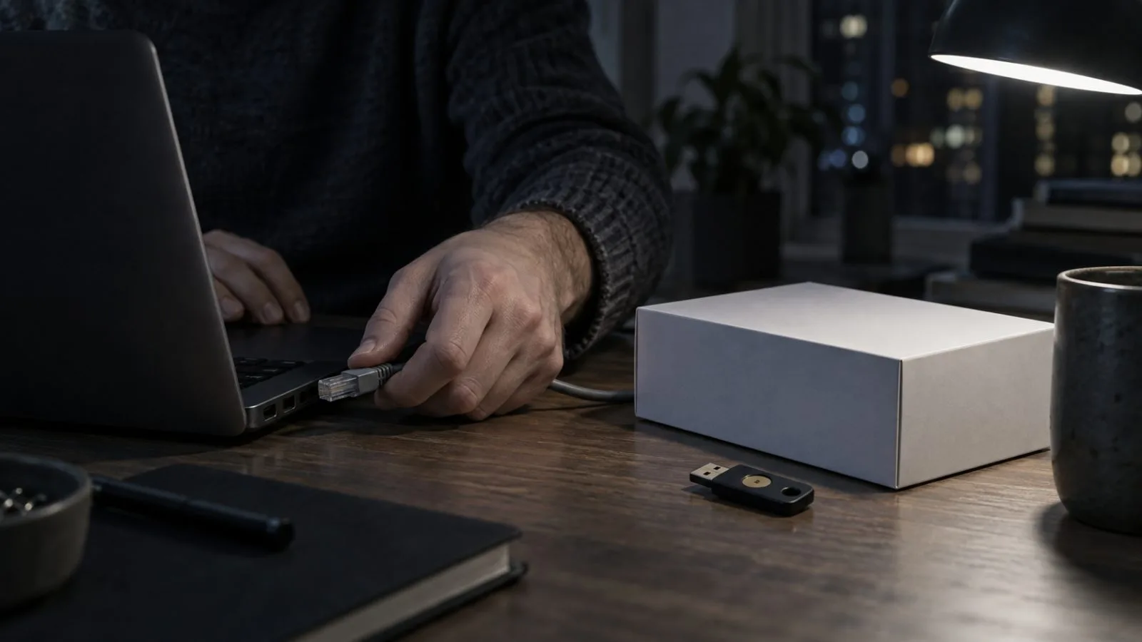 Hands disconnect a laptop beside an unmarked software package / TokenPost.ai