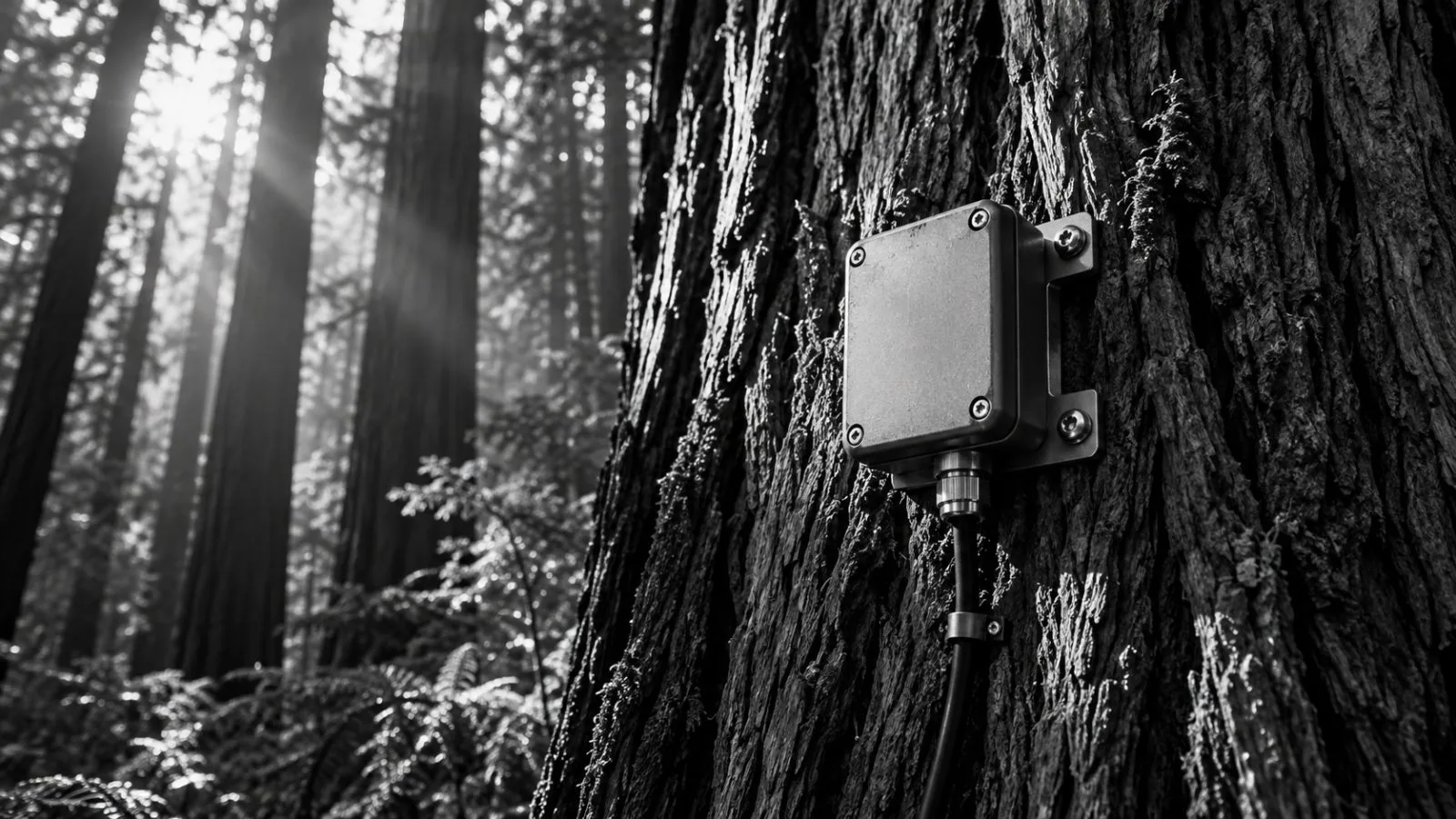A plant sensor secured to redwood bark with steel screws / TokenPost.ai