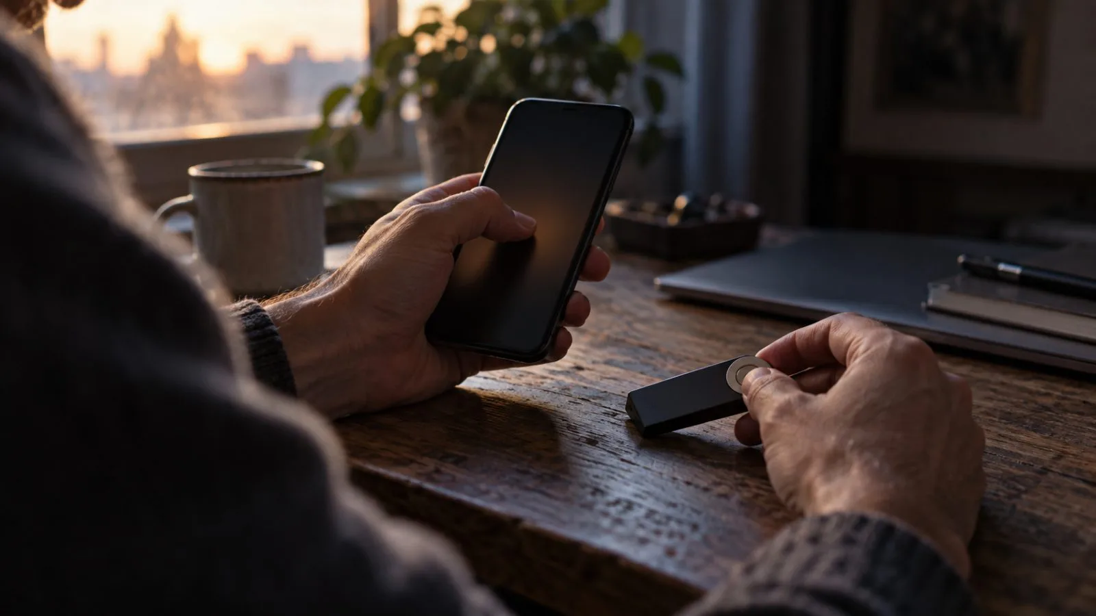 Hands secure a cryptocurrency wallet beside a hardware device / TokenPost.ai