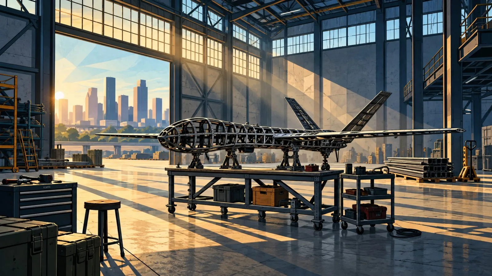 Unfinished aerial vehicle frame inside a sunlit industrial hall / TokenPost.ai