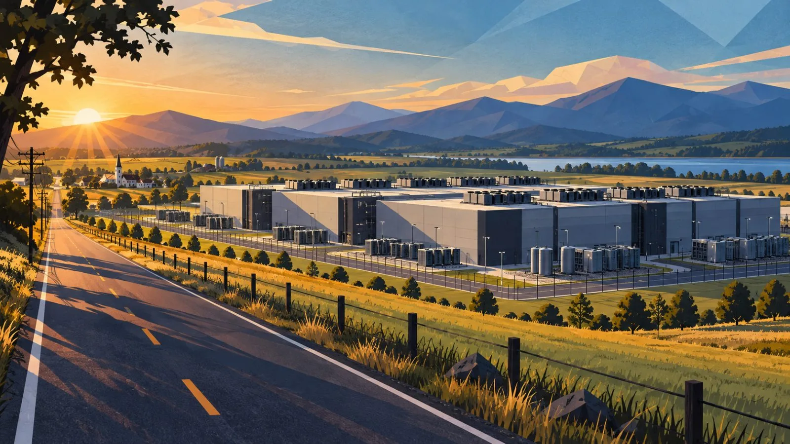 Data center buildings beside open fields and a quiet rural road / TokenPost.ai