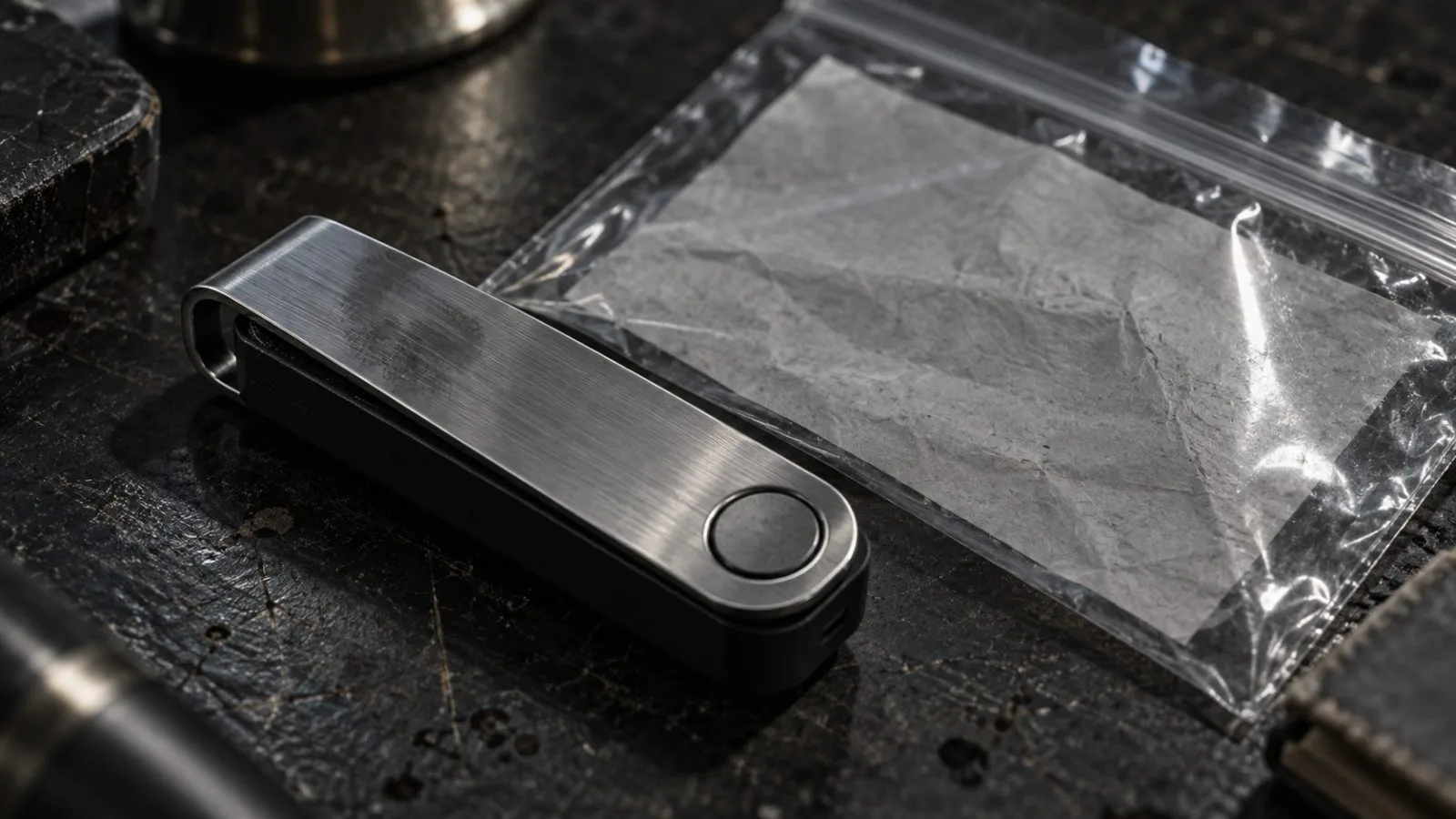 An unmarked hardware wallet rests beside a clear evidence pouch / TokenPost.ai