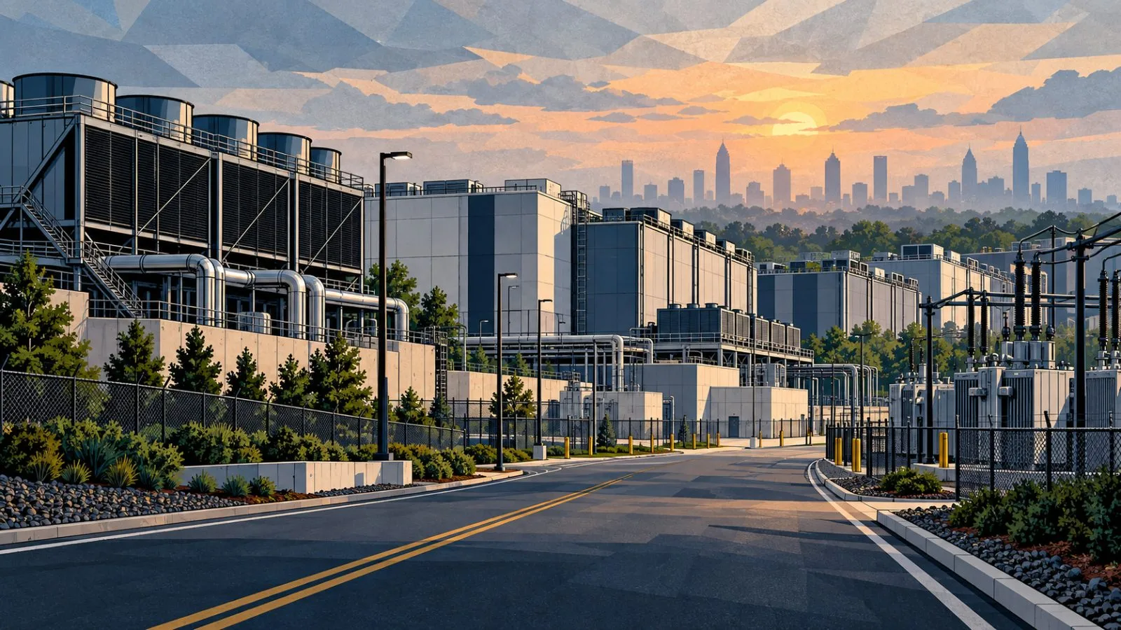 Modern data-center buildings and cooling equipment at dawn / TokenPost.ai