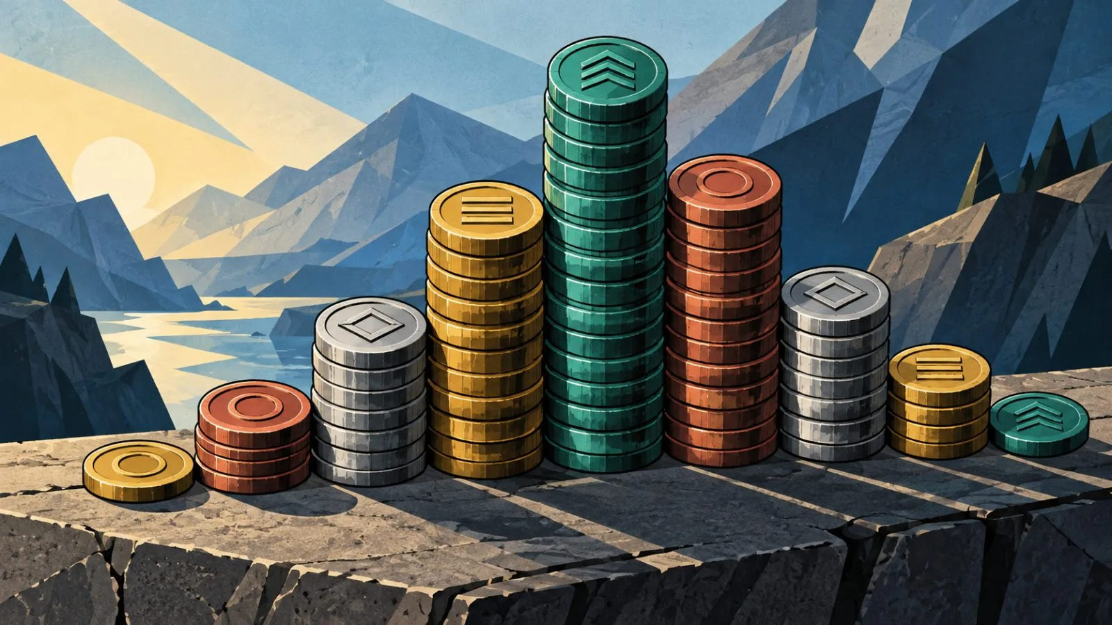 Colored metal tokens arranged in rising and falling stacks / TokenPost.ai