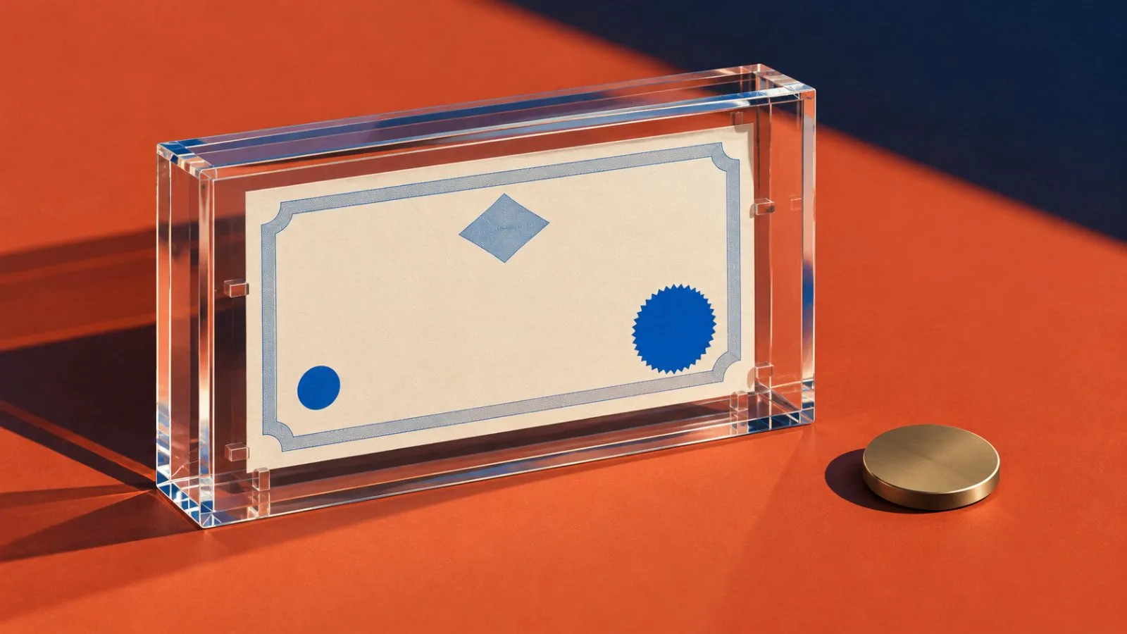 A share certificate sits behind glass beside an unmarked metal token / TokenPost.ai