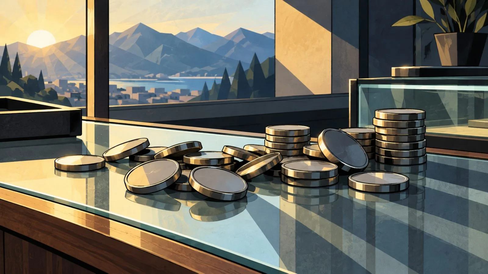 Unmarked metal tokens toppled across a glass exchange counter / TokenPost.ai