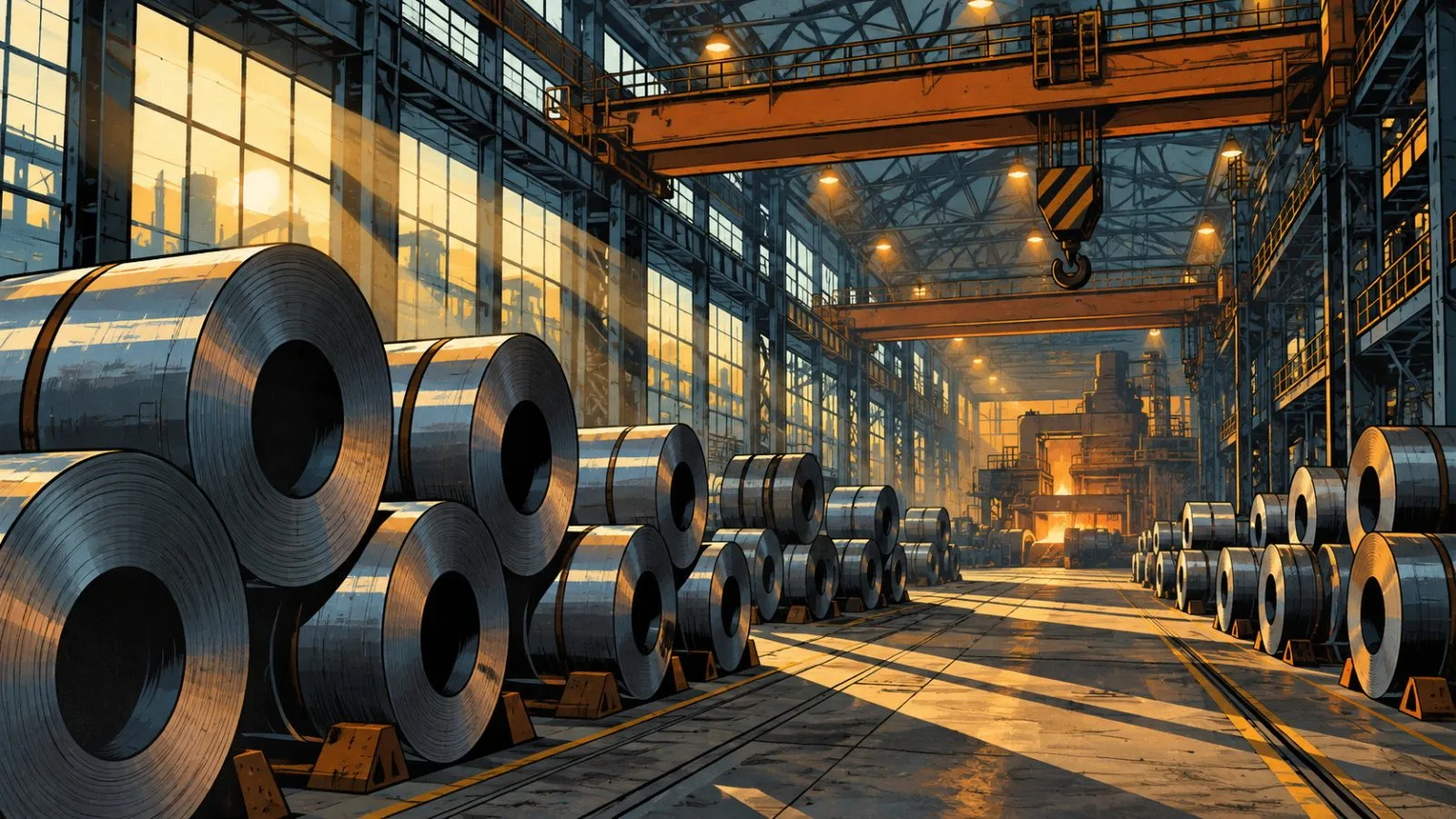 Steel coils line a factory floor beneath high industrial windows / TokenPost.ai