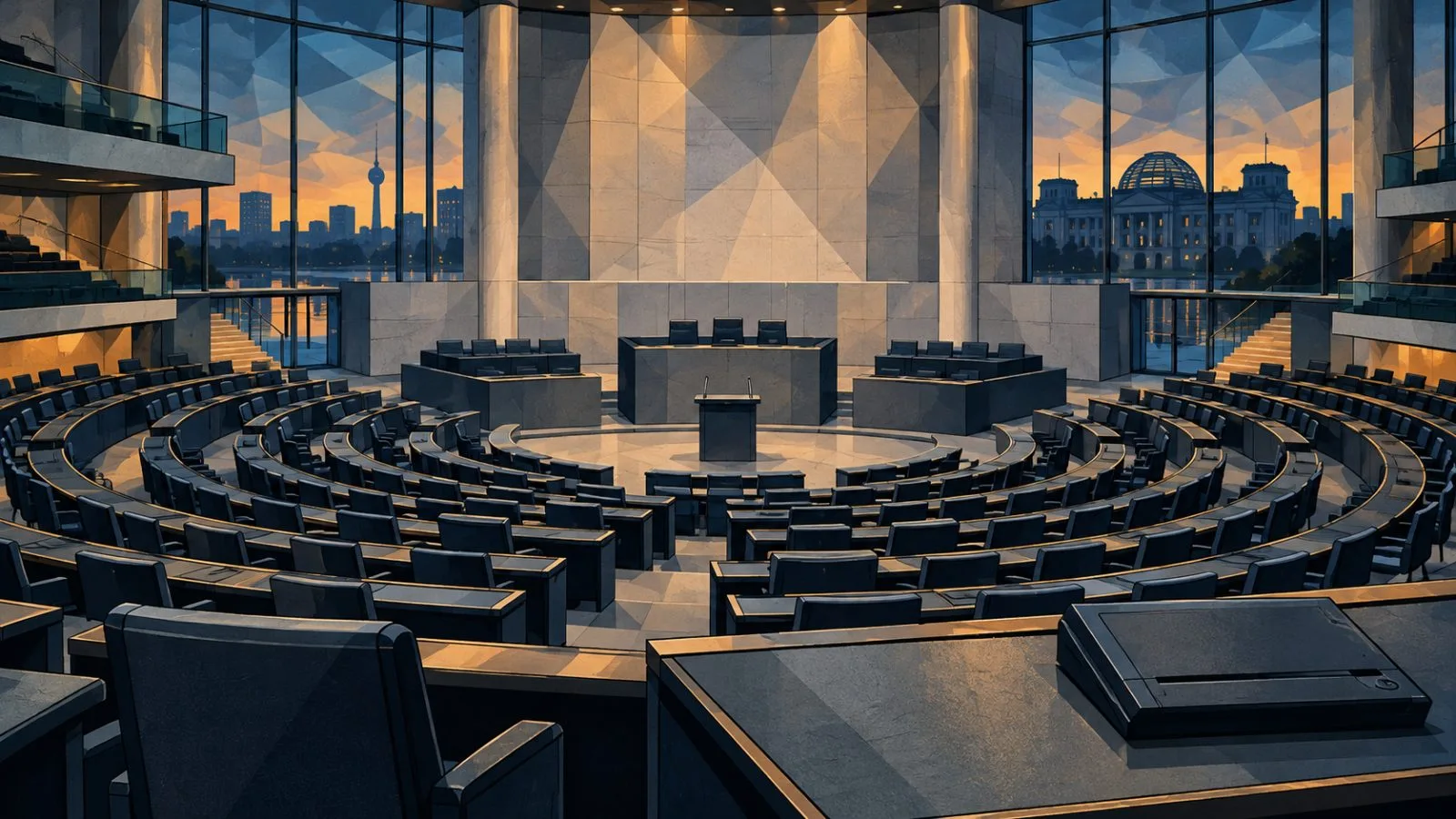 Empty parliamentary chamber under cool evening light / TokenPost.ai