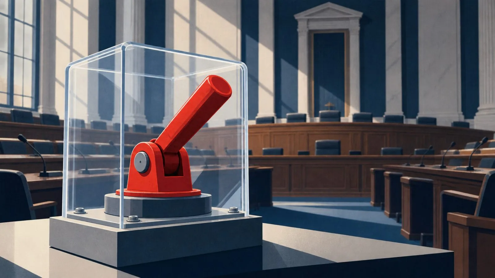 A red safety lever stands before an empty committee room / TokenPost.ai