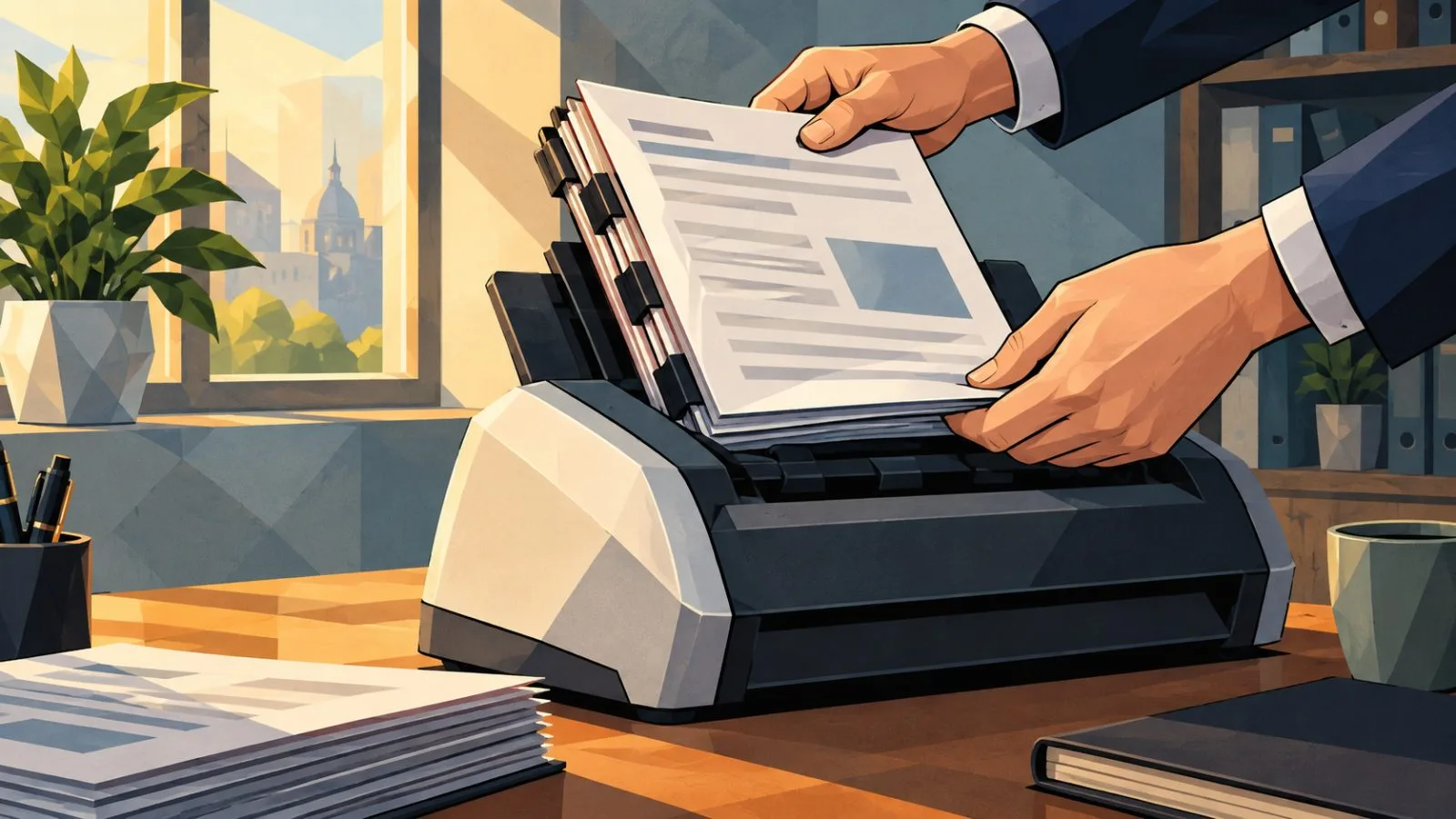 Hands feed bound documents into a desktop scanner / TokenPost.ai