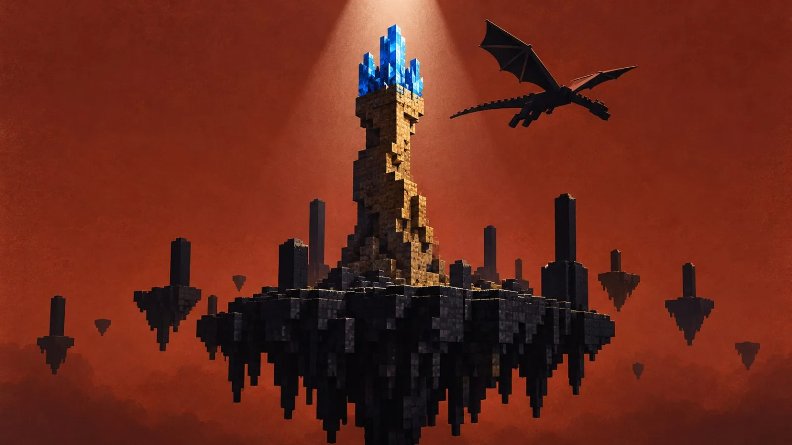 A dirt tower reaches toward crystal shards on a block-built island / TokenPost.ai