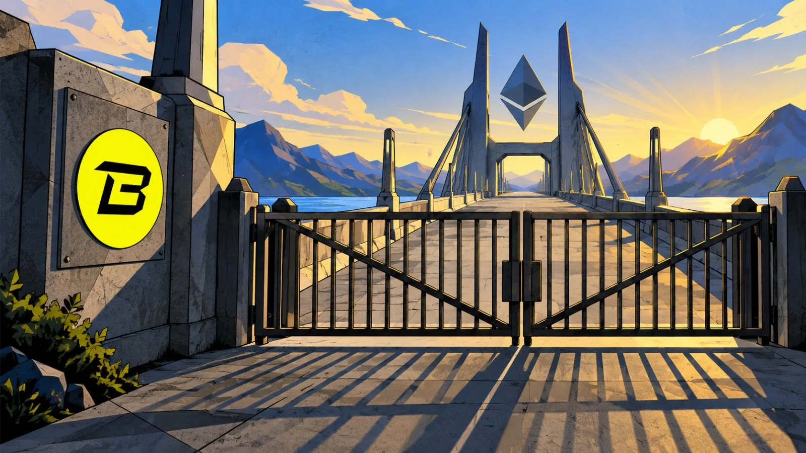 A closed metal gate blocks an empty stone bridge entrance / TokenPost.ai