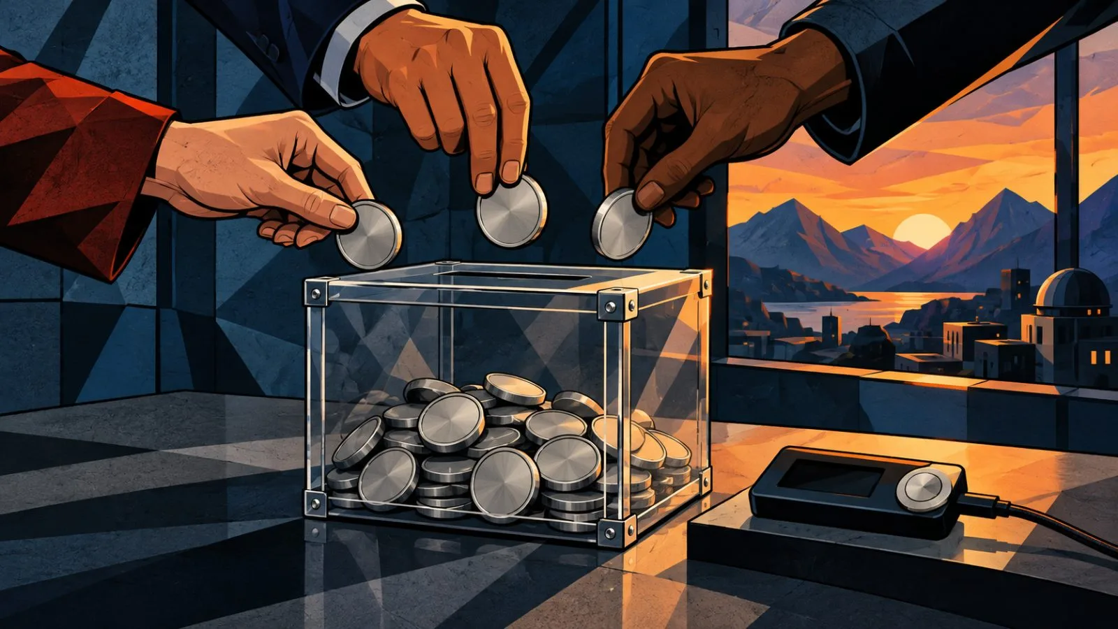 Blank metal tokens gathered inside a transparent security box / TokenPost.ai