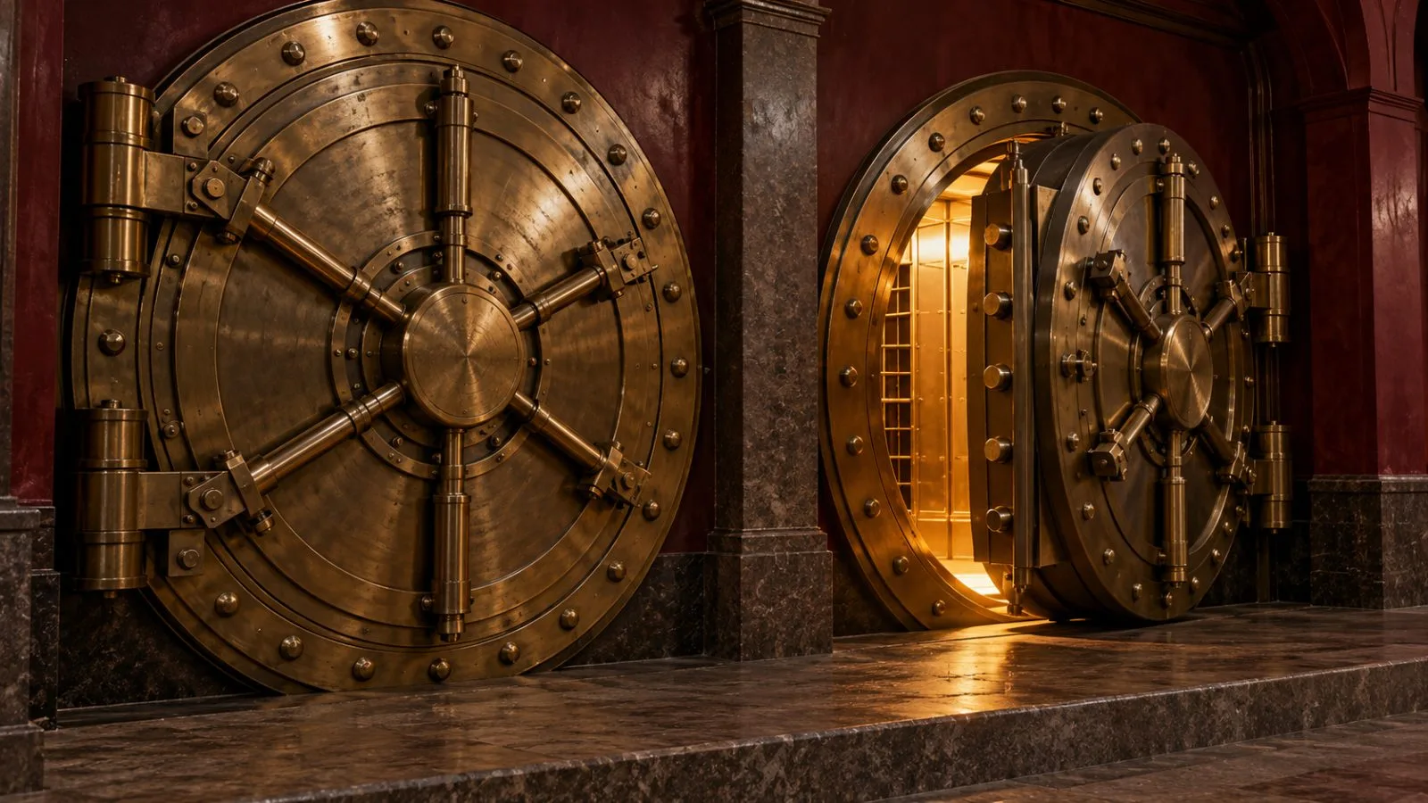 Two brass vault doors meet along a shared stone threshold / TokenPost.ai