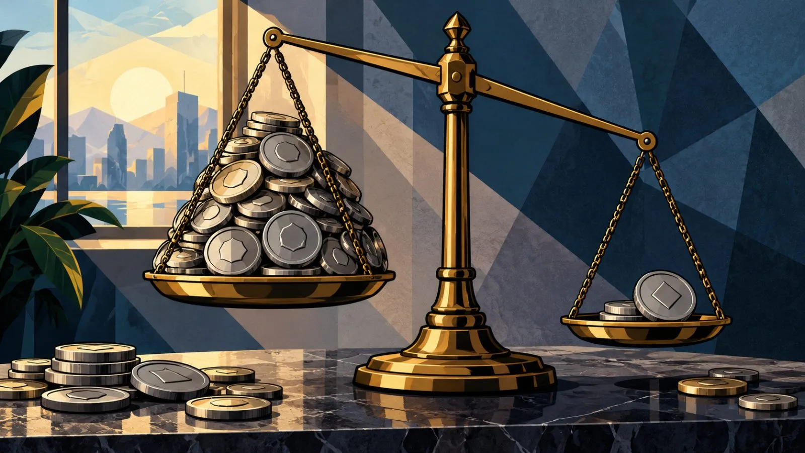 Balance scale beside two uneven piles of metal tokens / TokenPost.ai