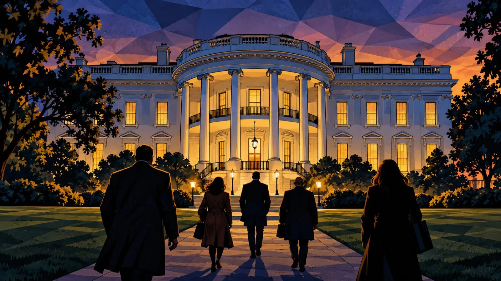 White House windows glow as figures approach the entrance / TokenPost.ai