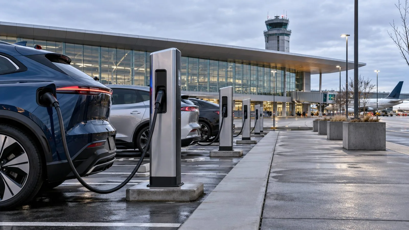Charging units line the curb outside a Montréal airport terminal / TokenPost.ai