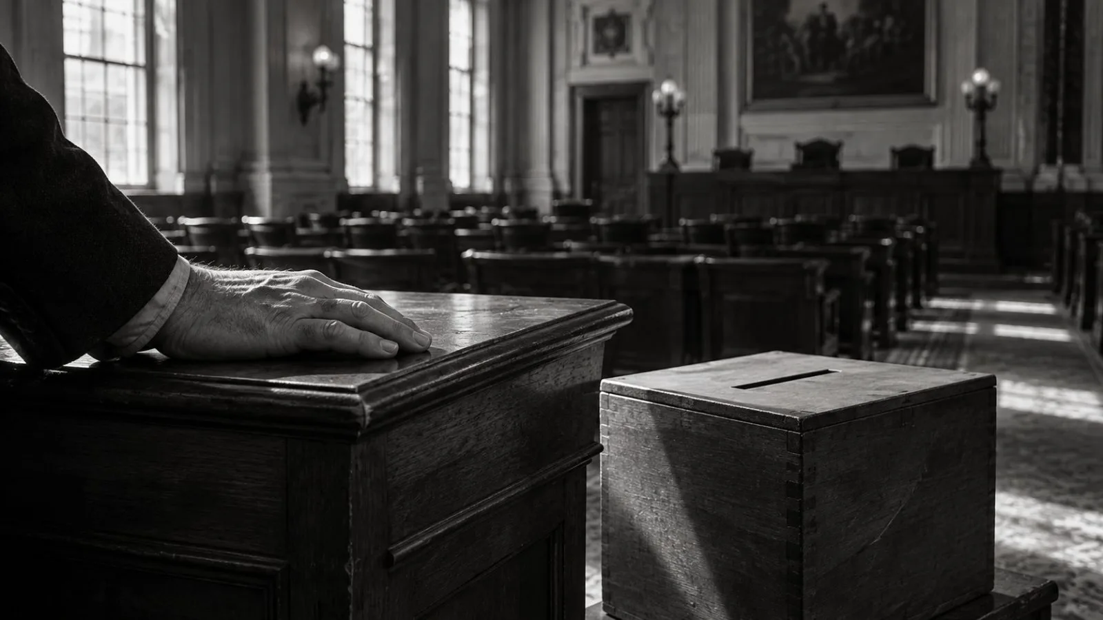 Hand rests beside an unmarked ballot box in an empty chamber / TokenPost.ai