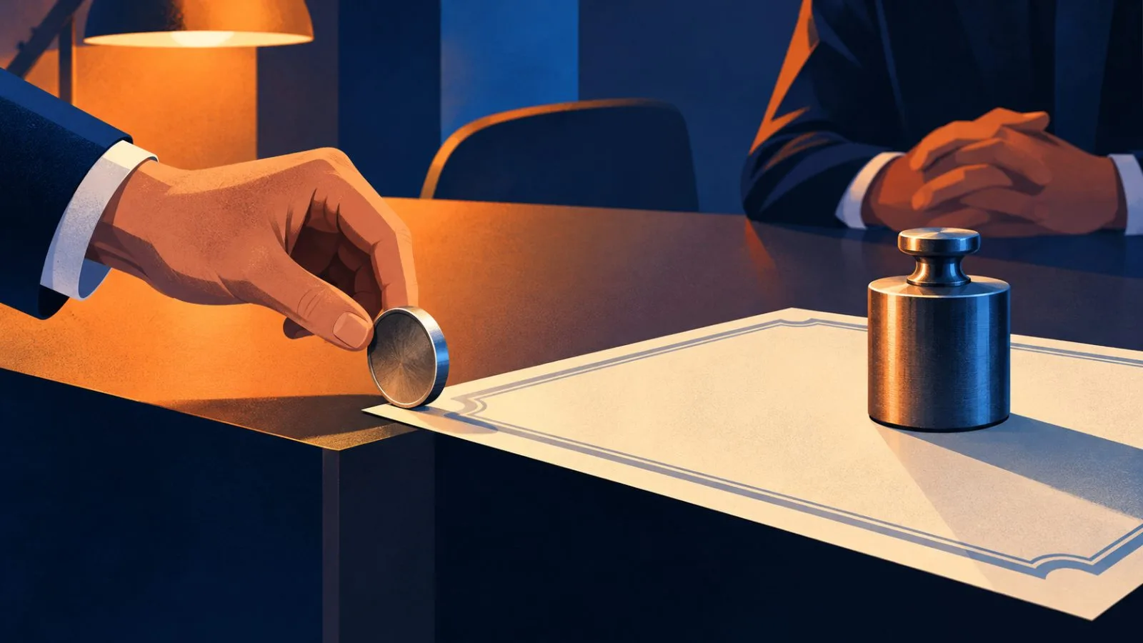 A metal coin rests beside a blank certificate under a steel weight / TokenPost.ai