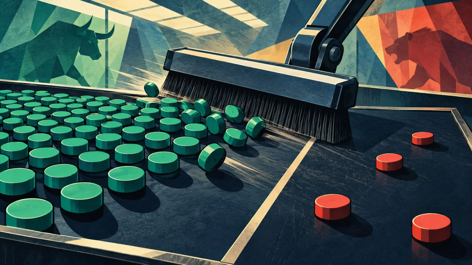 Small markers lie scattered across a metal exchange board / TokenPost.ai
