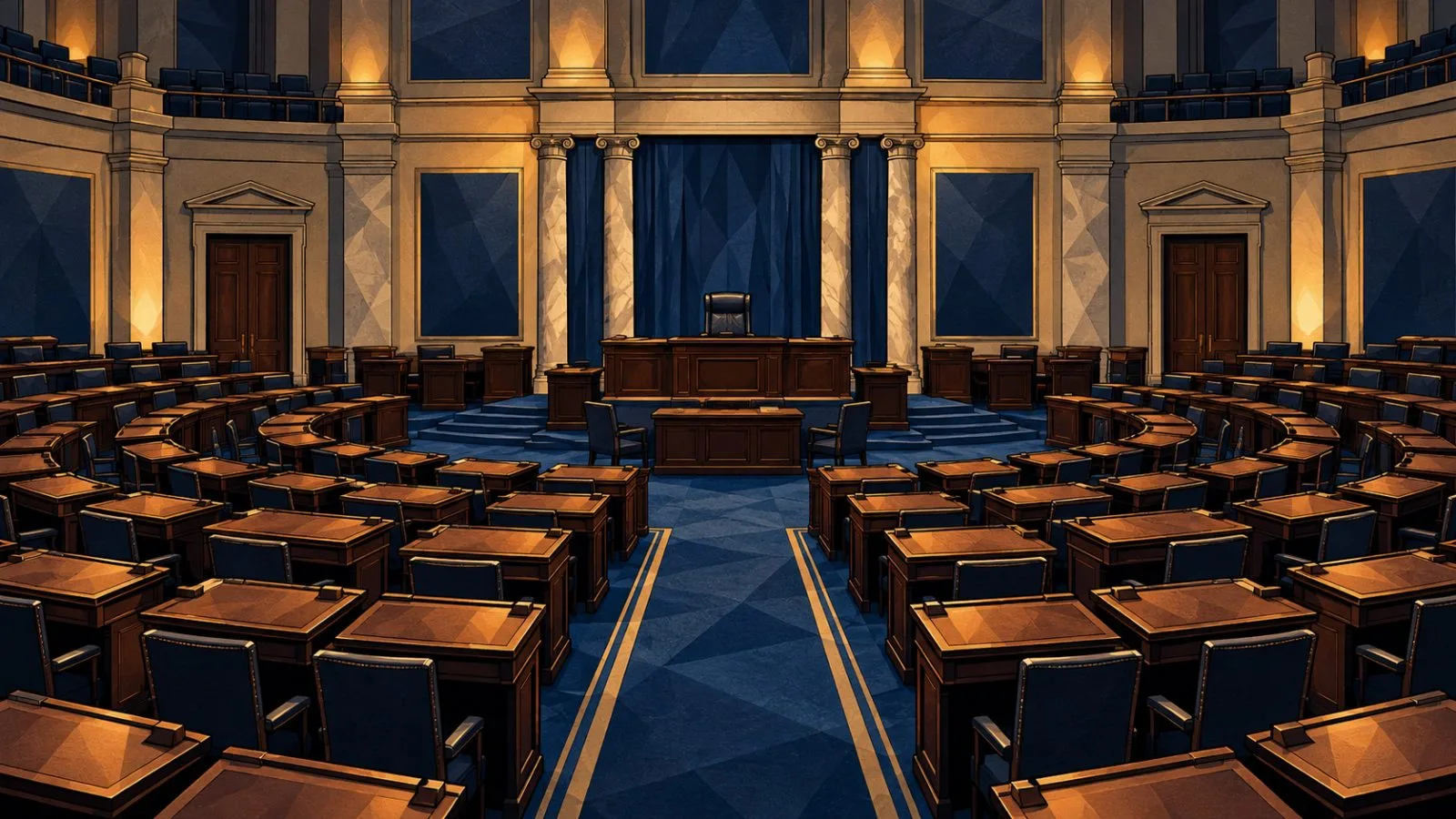 Empty Senate chamber desks beneath the central rostrum / TokenPost.ai