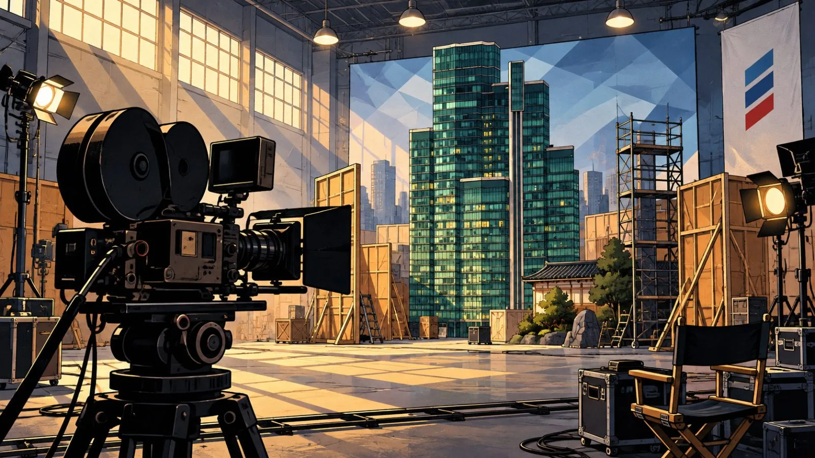 A cinema camera faces an unfinished set inside a quiet soundstage / TokenPost.ai