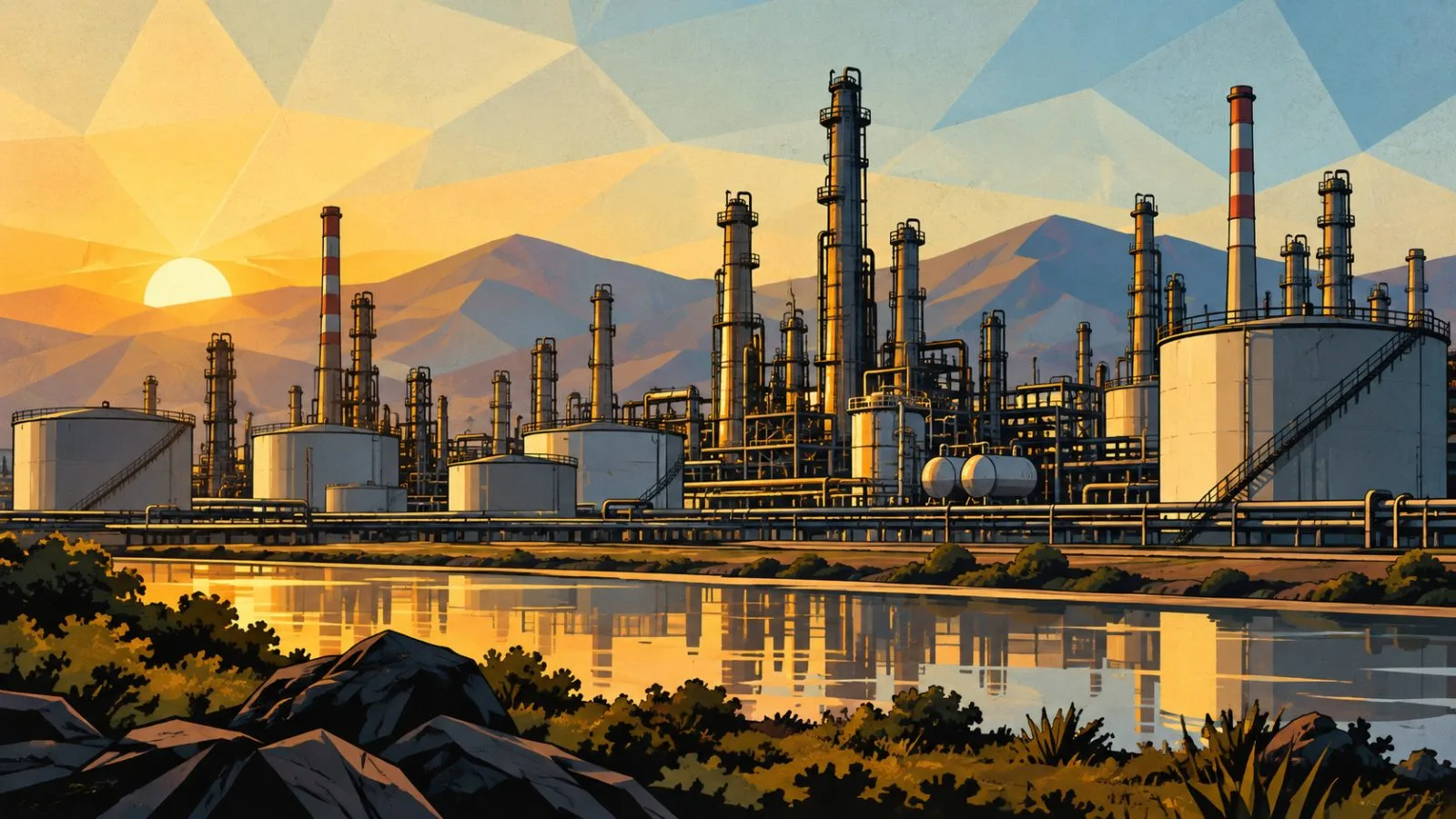 Refinery towers and storage tanks illuminated by early morning sunlight / TokenPost.ai