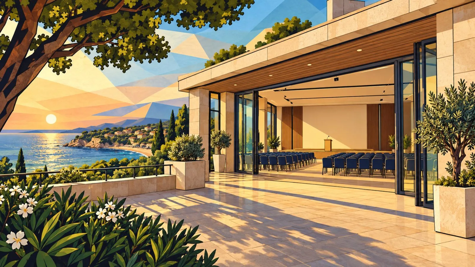 Empty conference seating and podium inside a sunlit Mediterranean venue / TokenPost.ai