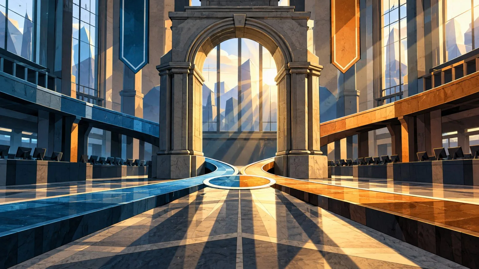 Two narrow paths converge beneath a stone archway in morning light / TokenPost.ai
