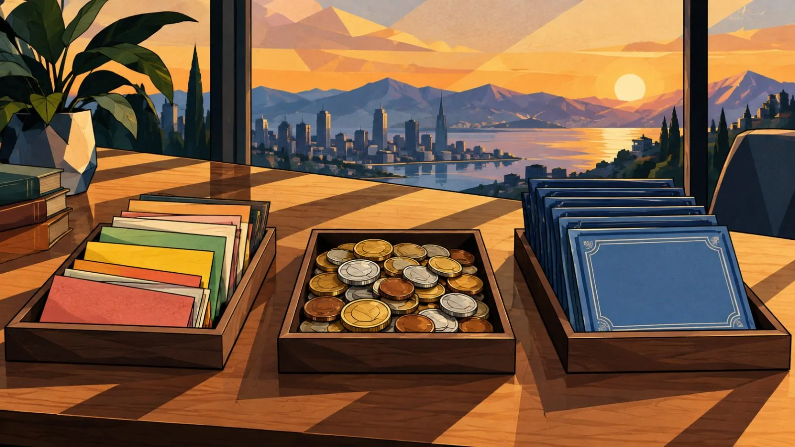 Three unlabeled asset trays arranged beside a portfolio folder / TokenPost.ai