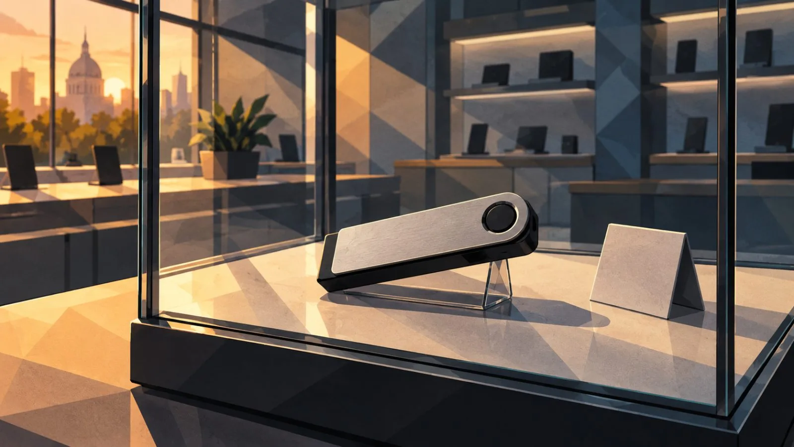 Hardware wallet resting inside an empty retail display case / TokenPost.ai