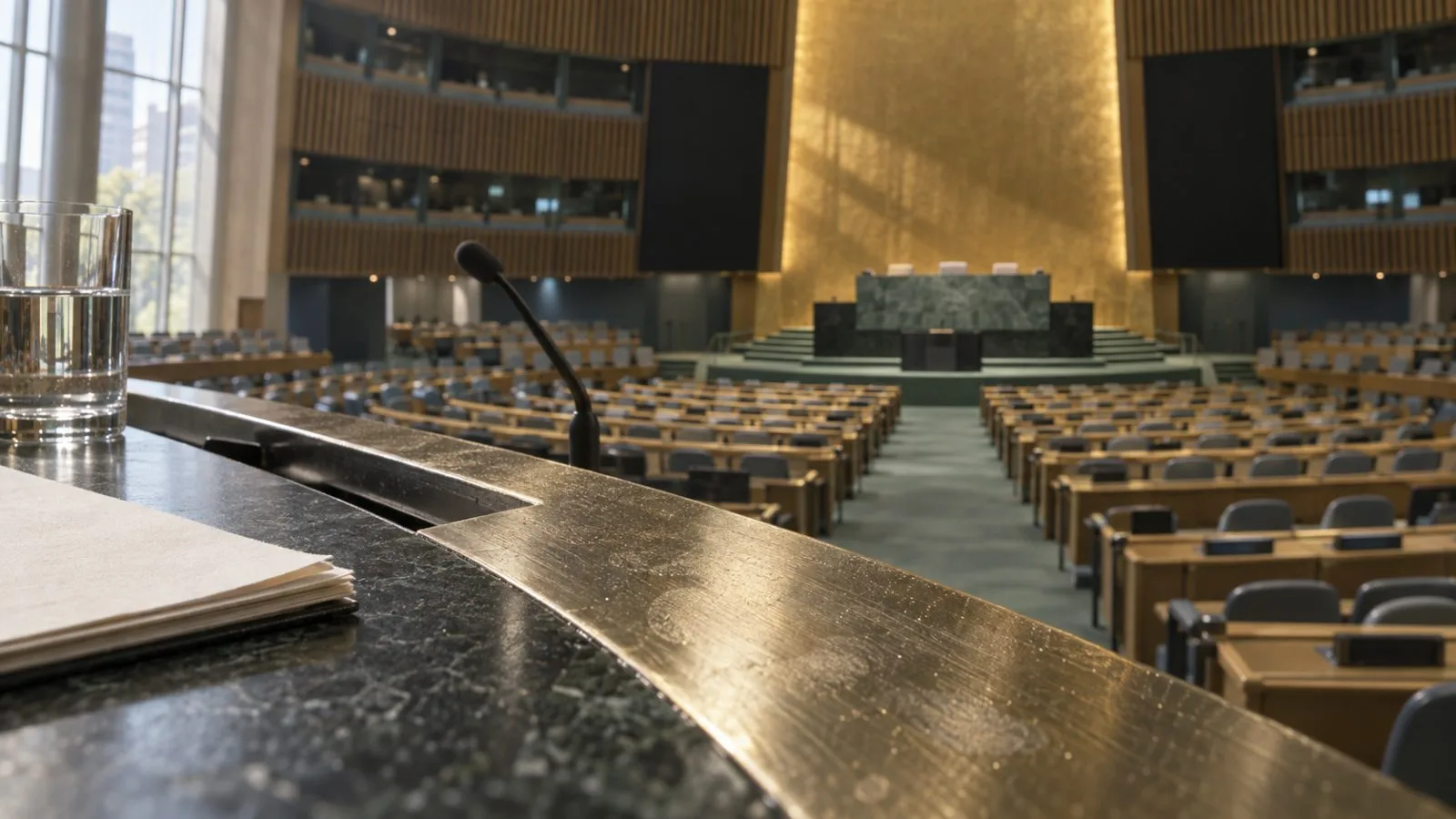 Empty assembly hall with a lectern under warm overhead lights / TokenPost.ai