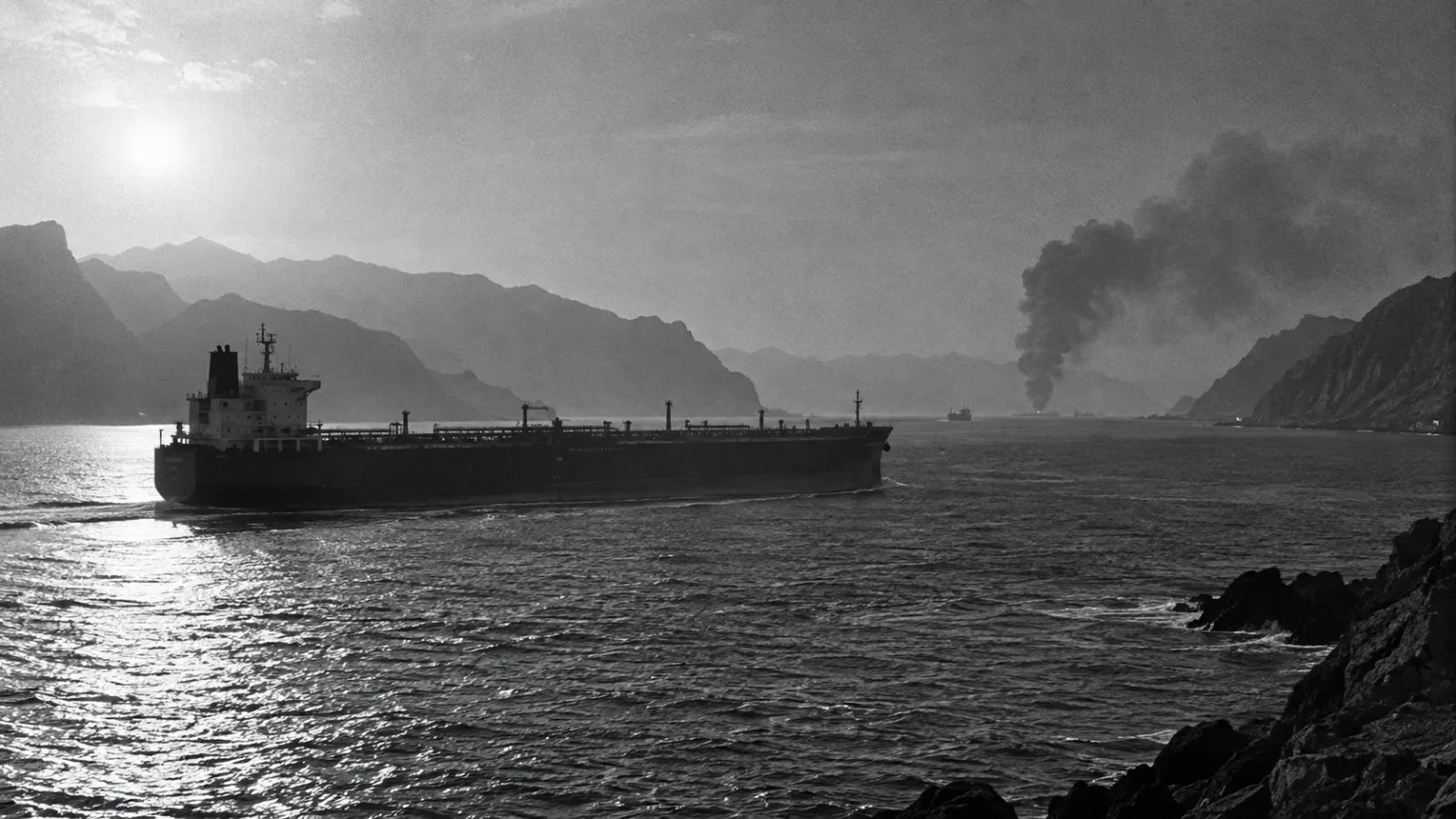 An oil tanker passes through hazy waters near a distant plume / TokenPost.ai