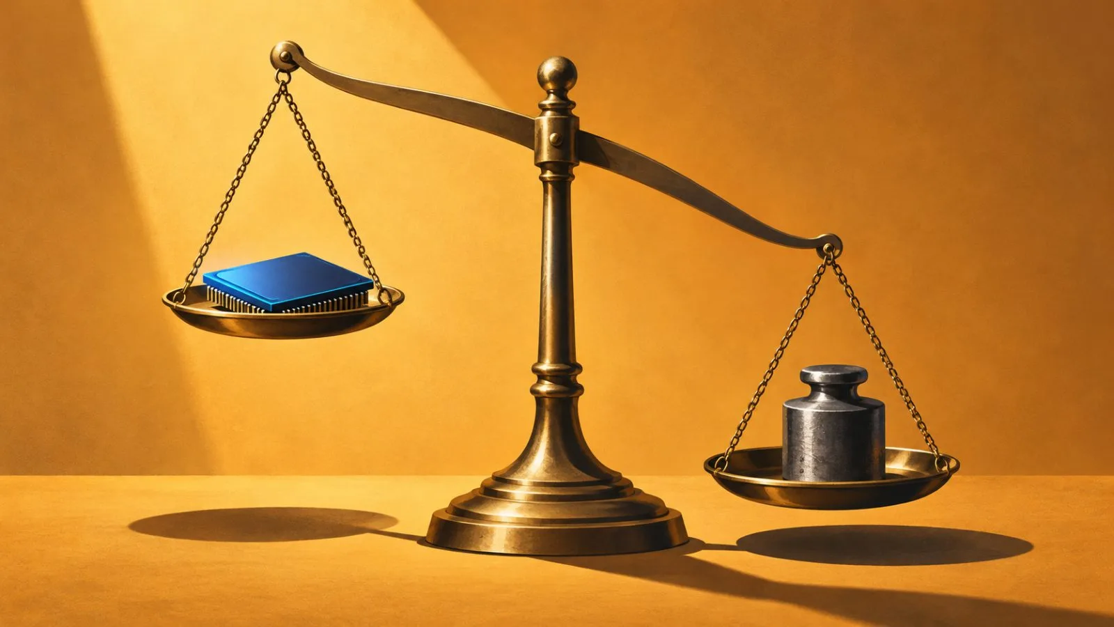 A silicon memory chip rests on a sharply tilted brass scale. / TokenPost.ai