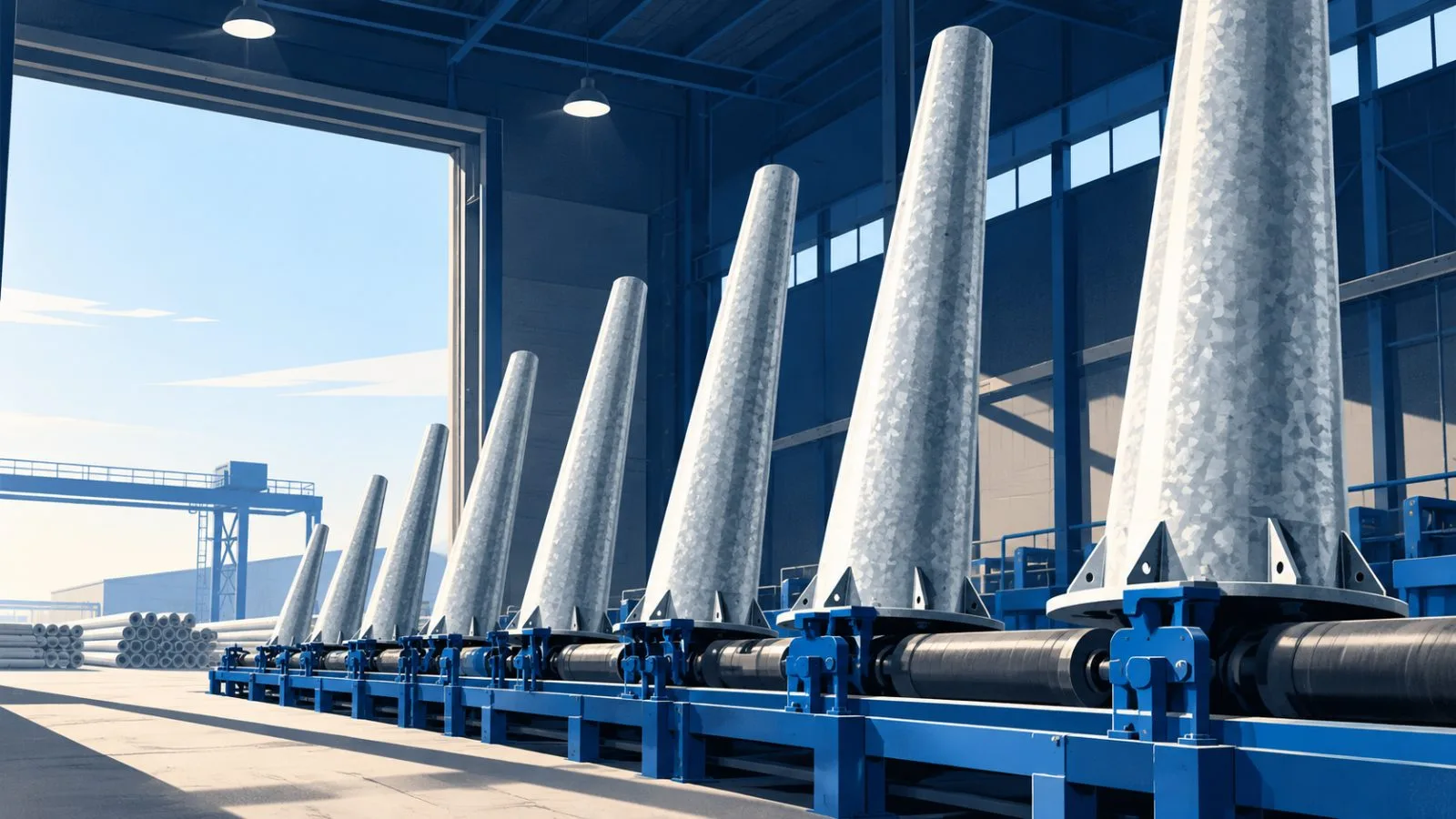 Galvanized utility poles rise through a bright factory bay / TokenPost.ai