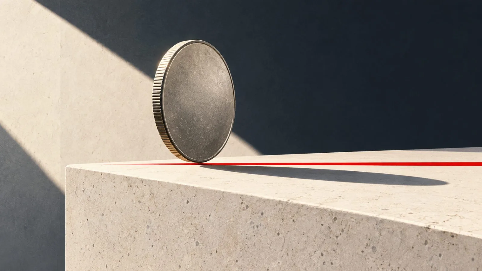 An unmarked metal coin balances above a thin red line / TokenPost.ai