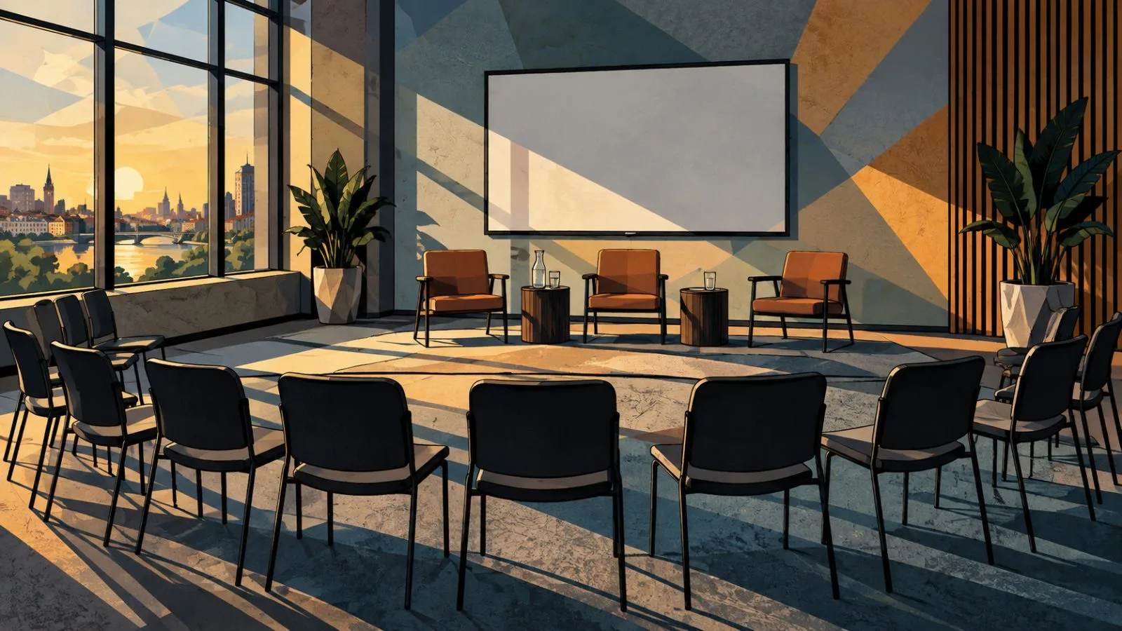 Empty seminar room arranged for a regulatory compliance panel / TokenPost.ai