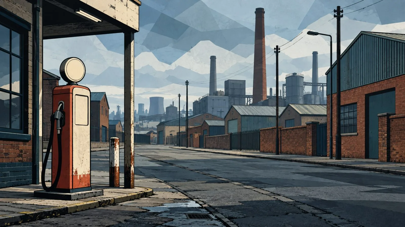 Fuel pump beside quiet factory buildings under overcast morning light / TokenPost.ai