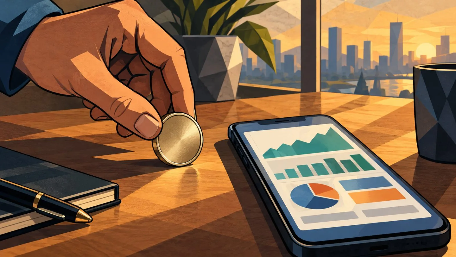 A hand places a plain metal token beside a smartphone / TokenPost.ai