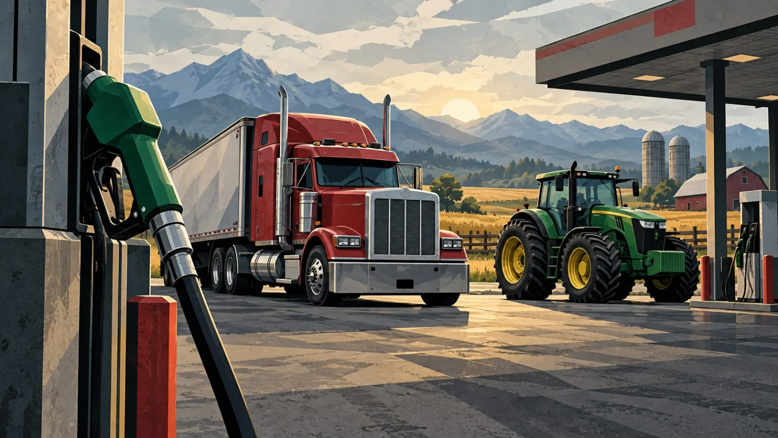 Diesel nozzle beside a semi-truck and tractor at dawn / TokenPost.ai