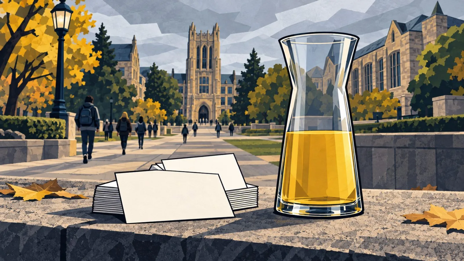 Blank survey cards beside a glass economic gauge on campus / TokenPost.ai