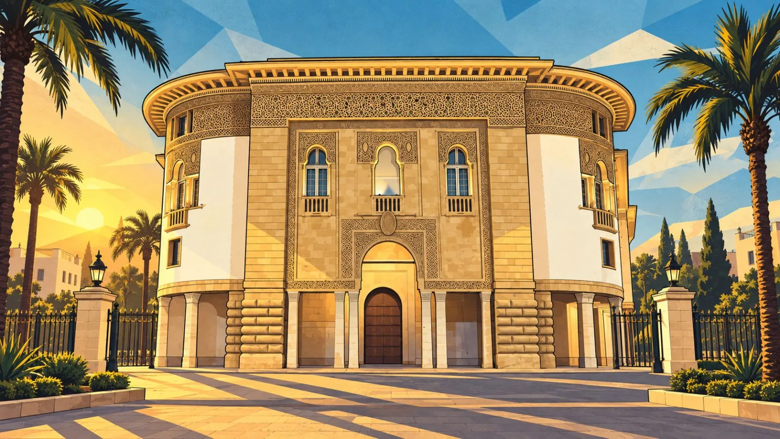 Modern central bank building behind palm trees in morning light / TokenPost.ai