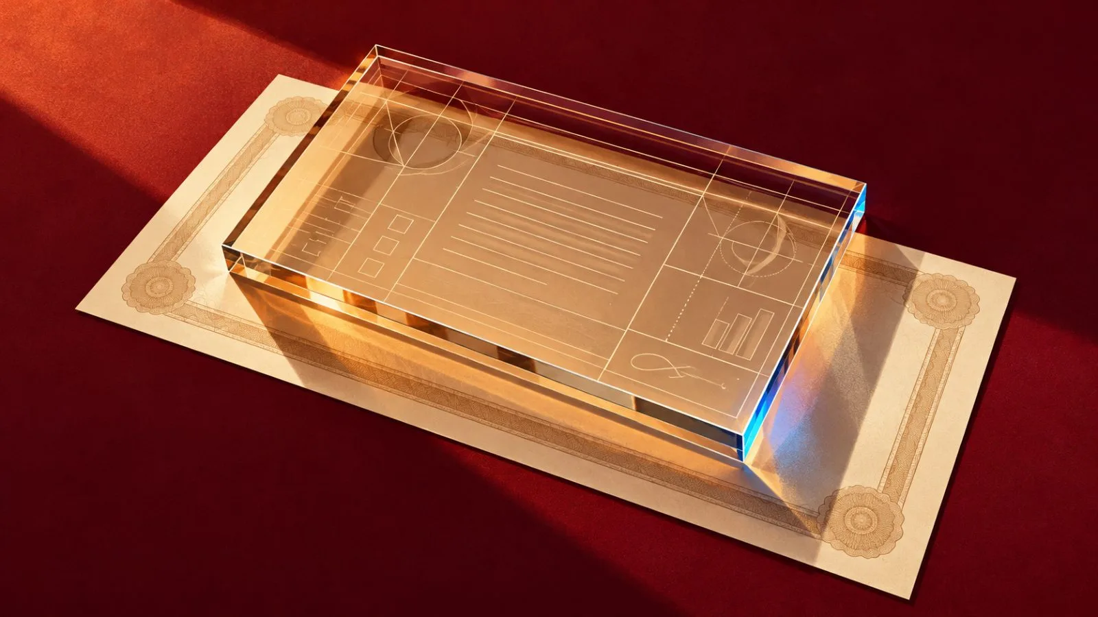 Etched glass tile aligned over a blank share certificate / TokenPost.ai