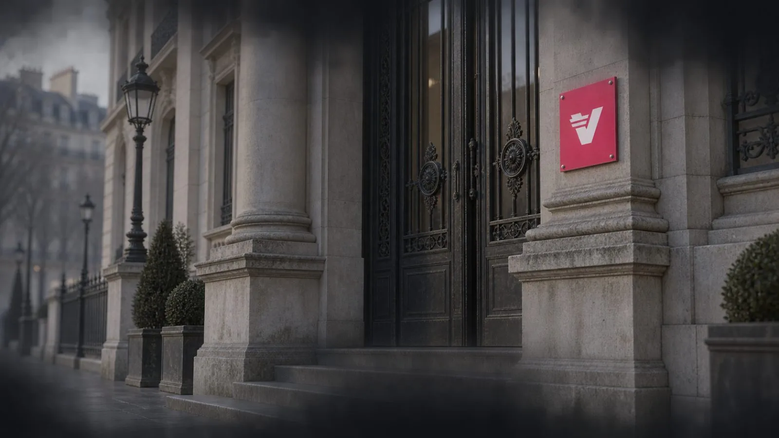 French courthouse entrance beside an empty sidewalk in gray morning light / TokenPost.ai