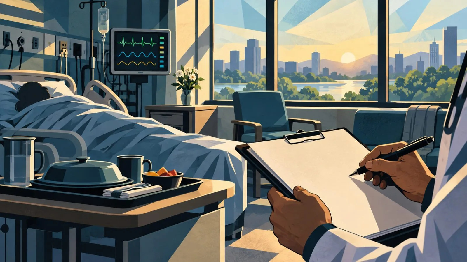 Hospital meal tray beside a patient monitor in morning light / TokenPost.ai