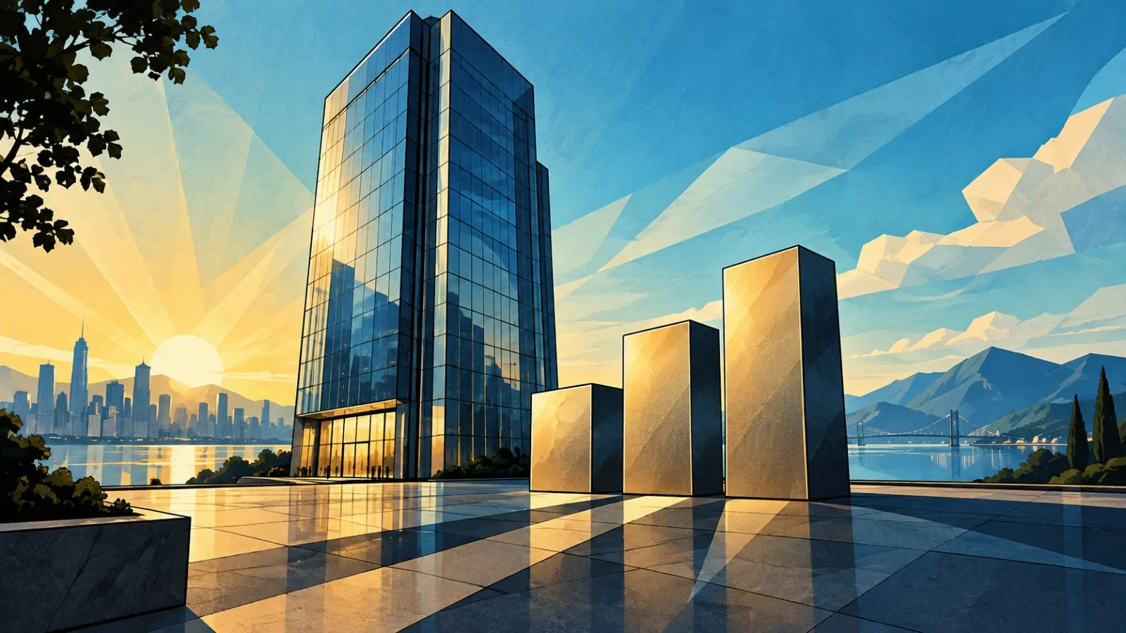 Metallic blocks rise beside a glass corporate tower / TokenPost.ai