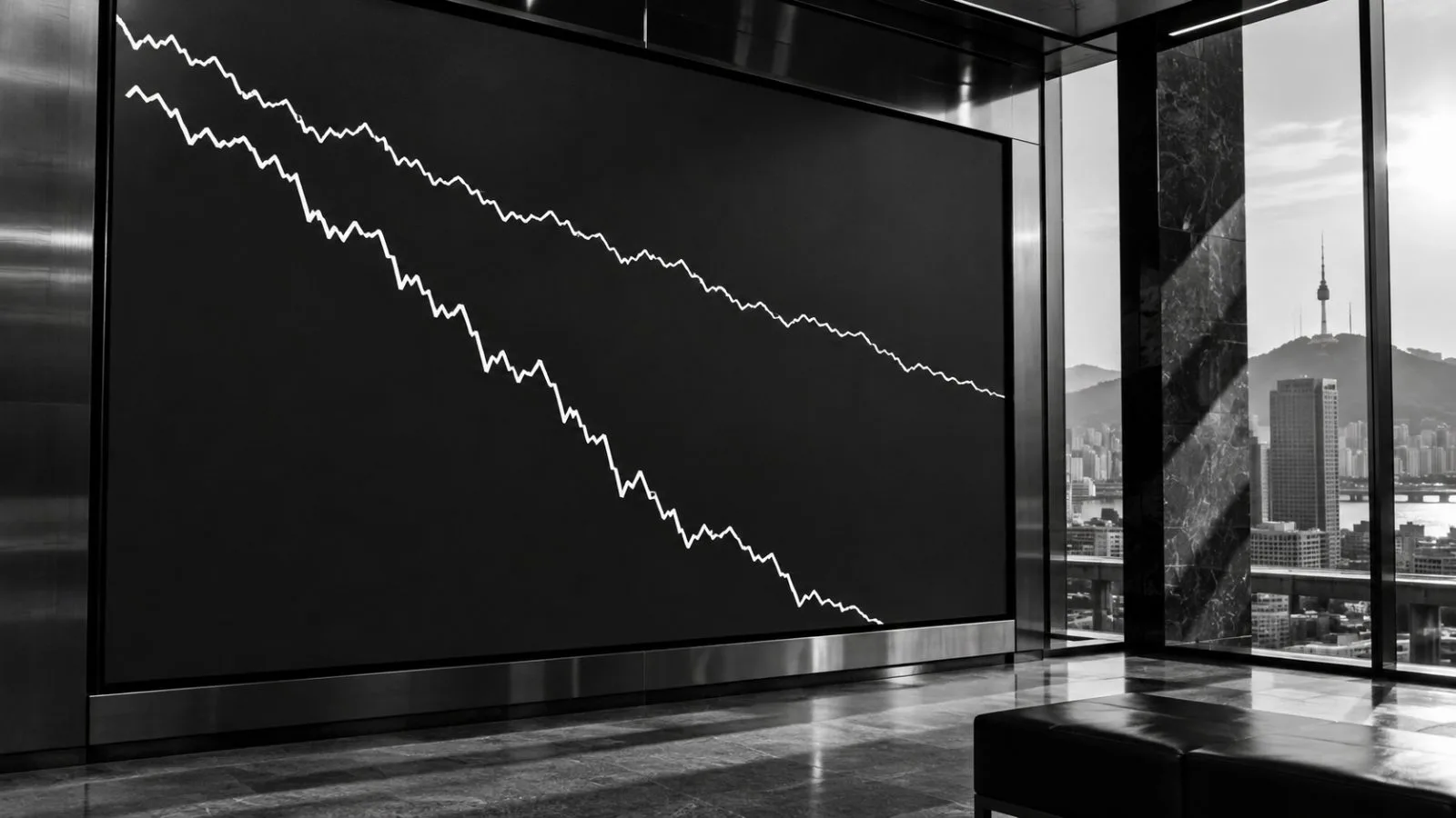 Two descending market lines appear on a quiet exchange display / TokenPost.ai
