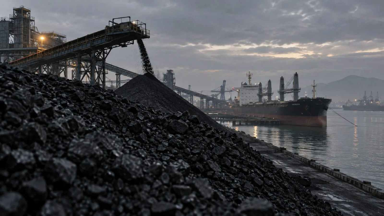 Coal piles line a conveyor beside a bulk carrier at the harbor / TokenPost.ai