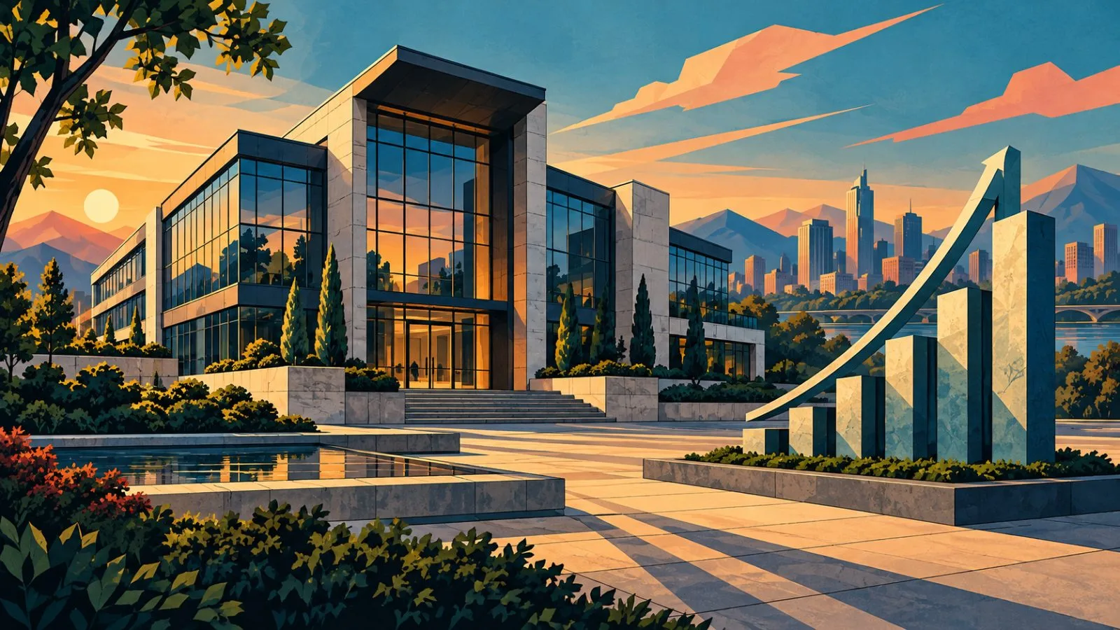 Modern brokerage building beside an upward market chart sculpture / TokenPost.ai